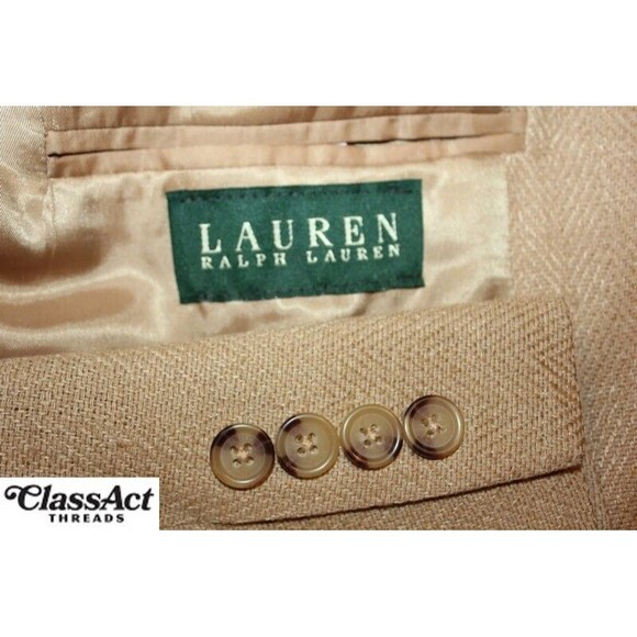 Lauren Ralph Lauren Blazer Sport Coat Mens Tan Herringbone 3 Btn Silk 44R - Picture 6 of 6